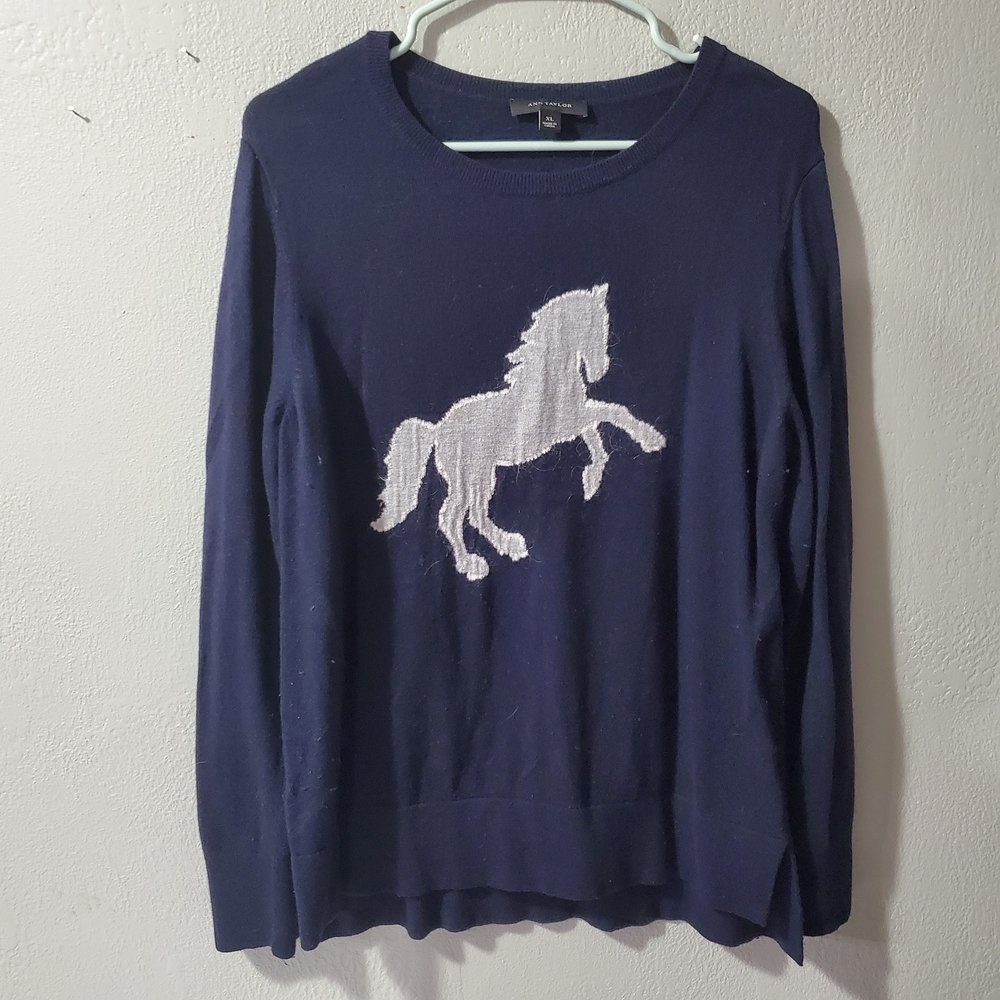 Ann Taylor Navy Blue Sweater with White Horse Design